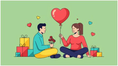 Sevgililer gününü hediyeler ve balonlarla kutlayan bir çift.