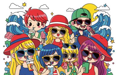 Çizgi film karakterlerinin olduğu bir yaz tatili kartı. vektör illüstrasyonu