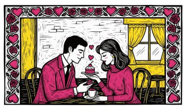 Kafe Sevgililer Günü konseptinde iki genç insan.