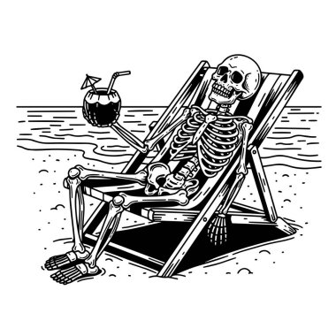 İskeleti olan deniz ve plajın siyah ve beyaz çizimi