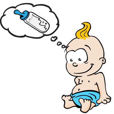 Bebek süt şişesi karikatür hakkında düşünüyor