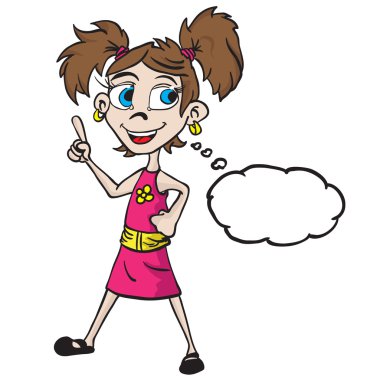 little girl in pink dress with thought bubble clipart