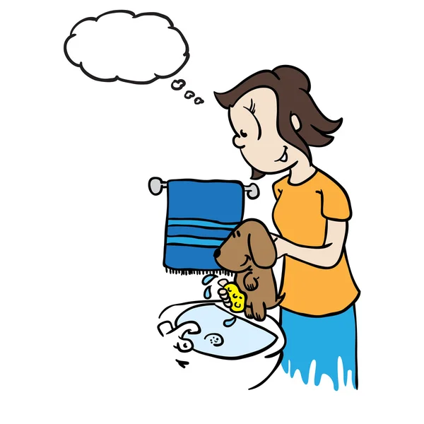 Mom with thought bubble washing a dog — Stock Vector