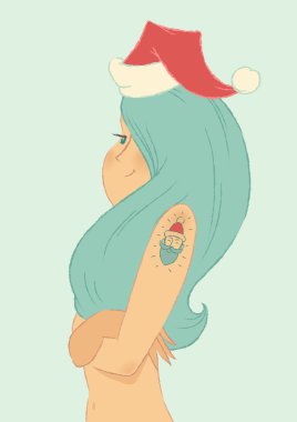 Kolundaki Noel Baba dövmeli tatlı gülümseyen kız. Neşeli Noel ve mutlu yeni yıl Tebrik Kartpostalı kar Maiden ile. Vektör çizim.