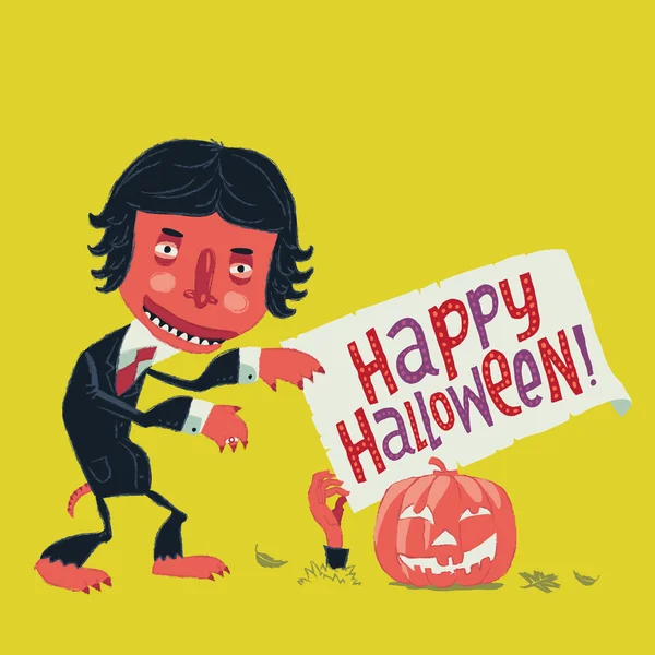 Funny zombie man in a suit goes on a Halloween party. Happy Halloween invitation postcard or poster illustration. — Stock Vector