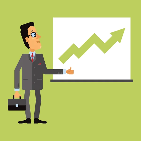 Homem de negócios alegre olhar para um gráfico ou gráfico. Seta ascendente, representando o crescimento do negócio. Ilustração vetorial em estilo de design plano em fundo verde . —  Vetores de Stock