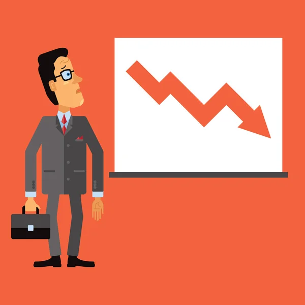 Homem de negócios triste olhar para um gráfico ou gráfico. Seta para baixo, representando a queda no negócio. Ilustração vetorial em estilo de design plano em fundo laranja . —  Vetores de Stock