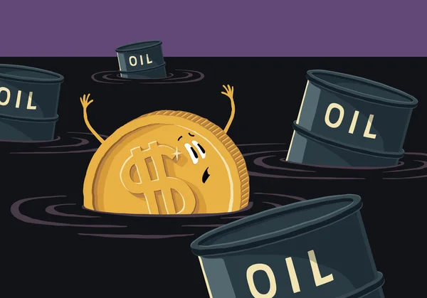 Il dollaro affonda nel petrolio. Moneta con simbolo dollaro e Barile di petrolio in olio versato . — Vettoriale Stock