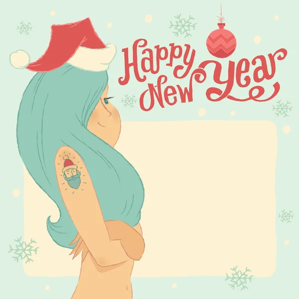 ¡Feliz Año Nuevo! Saludo postal o invitación con Snow Maiden. Linda chica sonriente con el tatuaje de Santa Claus en el brazo y las letras de la mano saludos tipo en el fondo. Ilustración vectorial . — Vector de stock