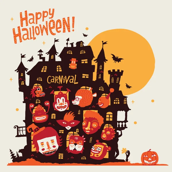 Vrolijke Halloween! Halloweenfeest in oud kasteel en de tekens in carnaval kostuums. Uitnodiging briefkaart, posters, sieraad of achtergrond voor uitnodiging voor Halloween-feest. — Stockvector