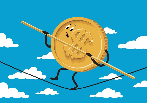 De ropewalker van de dollar op de achtergrond met lucht en de wolken. Vectorillustratie over financiële crisis. — Stockvector