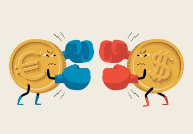 Boks Euro vs dolar. Vektör çizim döviz kuru, çatışma euro ve dolar, Ekonomi ve finansal piyasalar Avrupa, ABD ve dünya çapında hakkında.