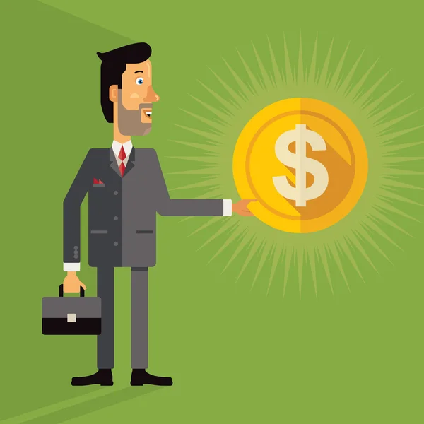 Χαμογελώντας επιτυχημένος άνδρας κρατώντας ένα νόμισμα με ένα σύμβολο δολαρίου. Εικονογράφηση διάνυσμα σε στυλ επίπεδη σχεδίαση σε πράσινο φόντο. — Διανυσματικό Αρχείο