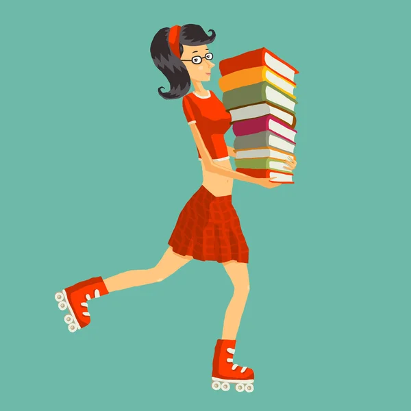 Studentin oder Schülerin mit Büchern auf Rollschuhen. — Stockvektor
