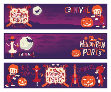 Halloween party. Set of three vector banners with funny characters for Halloween party clipart