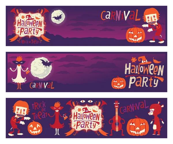 Fiesta de Halloween. Conjunto de tres banners vectoriales con personajes divertidos para la fiesta de Halloween — Vector de stock