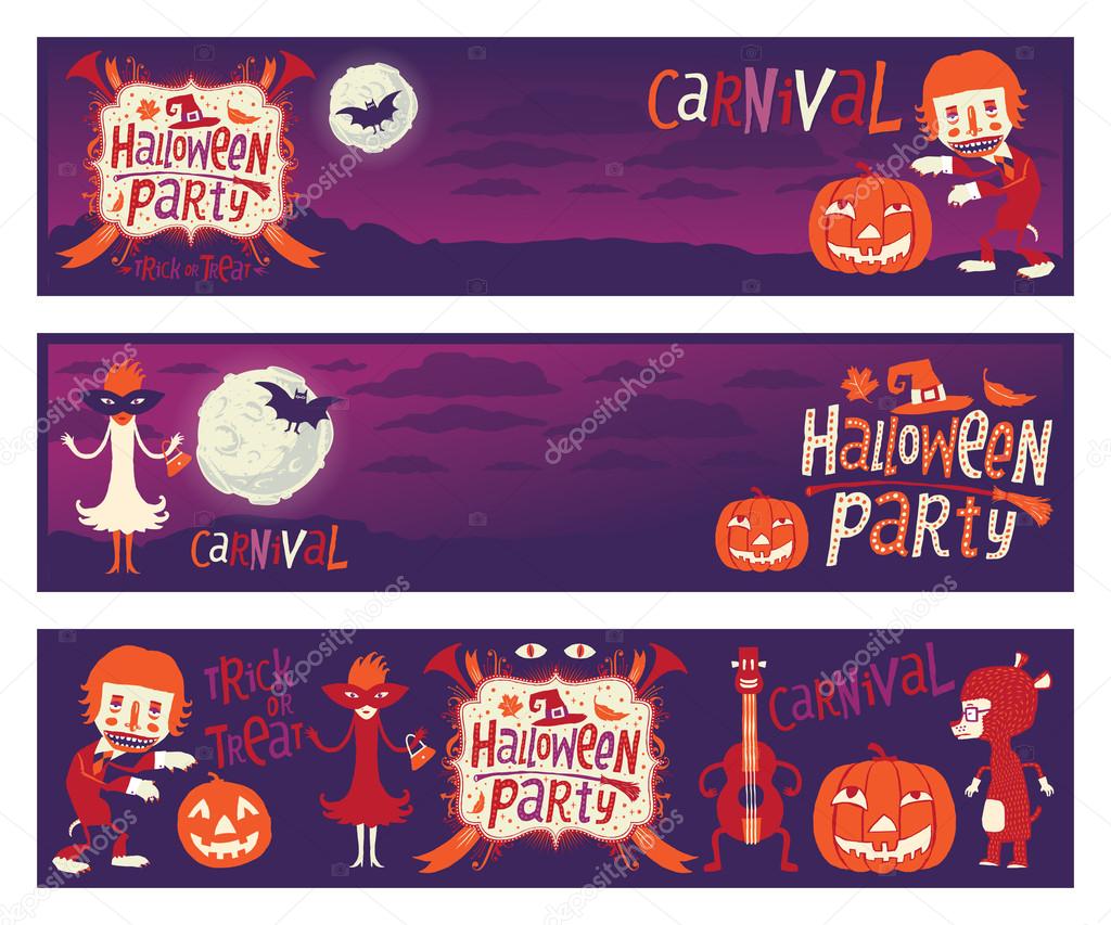 Halloween party. Set of three vector banners with funny characters for Halloween party