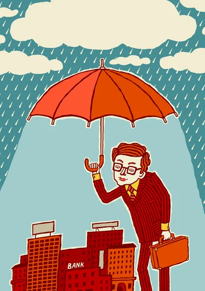 Insurance. Crisis management. A man with an umbrella protects the city. — Stock Vector