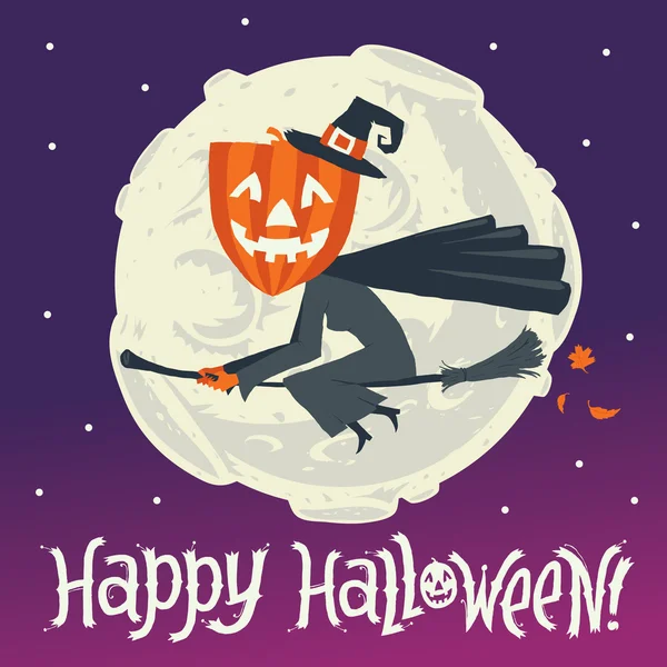 Una bruja voladora en un palo de escoba sobre un fondo de la luna. Postal de Halloween feliz, póster, fondo o invitación de fiesta . — Vector de stock