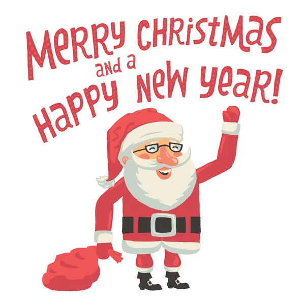 Santa Claus con una bolsa llena de regalos. Feliz Navidad y un Feliz Año Nuevo Tarjeta de felicitación con tipografía de letras a mano. Vector aislado sobre fondo blanco . — Vector de stock