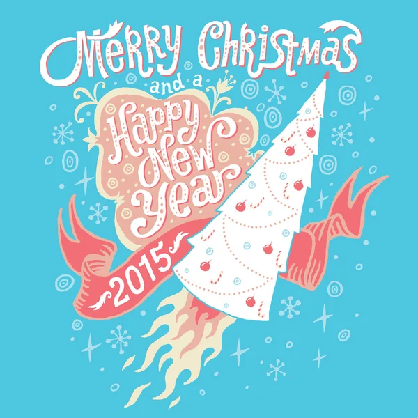 Feliz Navidad y Feliz Año Nuevo 2015 Tarjeta de felicitación con tipografía de letras a mano. Ilustración vectorial en colores azul claro y rosa . — Archivo Imágenes Vectoriales