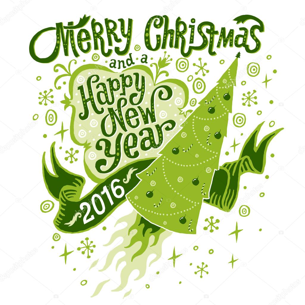 Merry Christmas and Happy New Year 2016 Greeting card, isolated vector illustration, poster, postcard or background