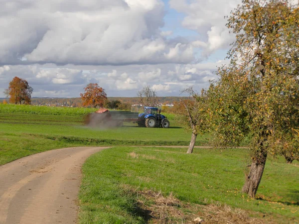 Tractor Throwing Cow Manure Meadow Germany — Stock Photo, Image