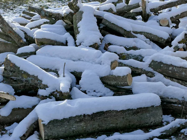 Palivové Dřevo Sněhovou Čepicí Zimě — Stock fotografie