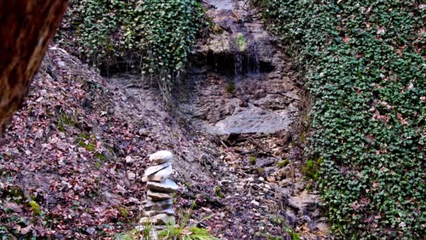 Zen Stone Pyramid Small Water Cascade Background — Stock Video