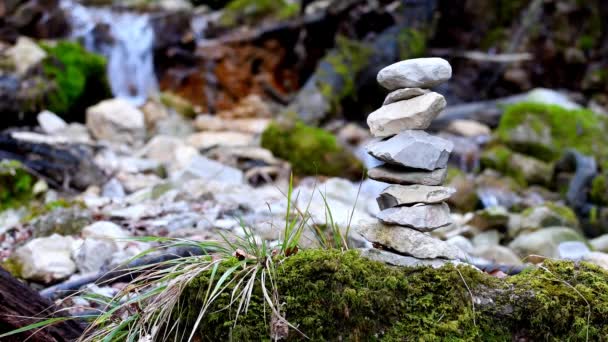 Zen Stone Pyramid Small Water Cascade Background — Stock Video