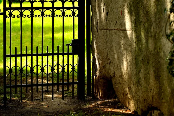 Altes Tor Einer Abteimauer Mit Leuchtend Grünem Hintergrund — Stockfoto