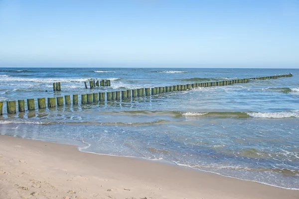 Strand van de Baltische zee met oude houten wavebreakers — Stockfoto