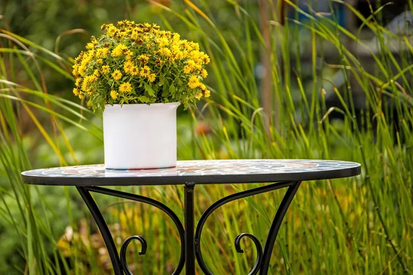 Jardin avec bureau et bouquet de fleurs — Photo