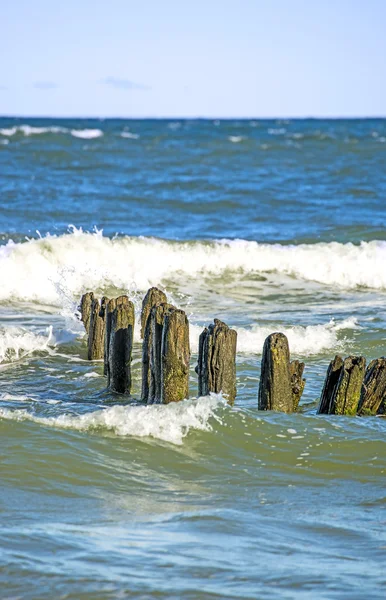 Östersjön med groynes och surf — Stockfoto