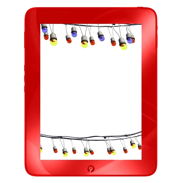 Rode tablet met veelkleurige lamp feestelijke garland, geïsoleerd op wit — Stockfoto