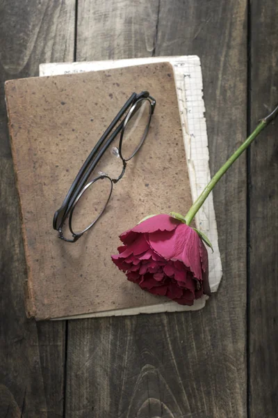 Bodegón con cuaderno vintage y rosa — Foto de Stock