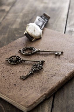 eski kitap ve vintage bir yüzey üzerinde pirinç anahtarı