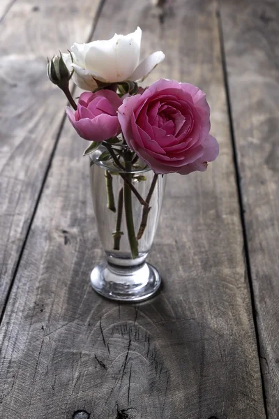 Rose blommor över rustikt trä bakgrund — Stockfoto