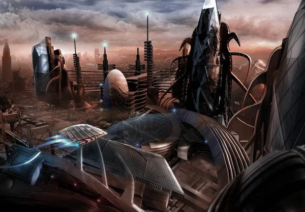 Futurystyczna Ilustracja Miasta Wieżowce Przyszłej Koncepcji — Zdjęcie stockowe