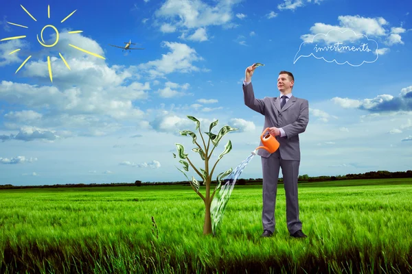 Imagen del hombre de negocios regando el árbol del dinero — Foto de Stock