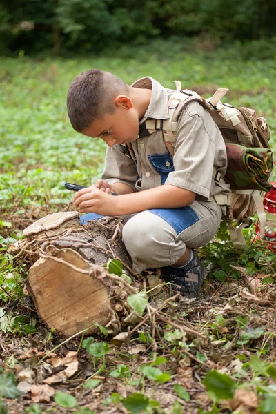 Bir kamp üzerinde genç çocuk büyütme glas kullanarak doğa araştırıldı