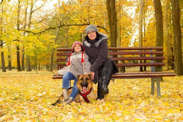 Moeder en zoon met hond in park — Stockfoto