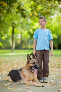 mutlu bir çocuk ile Alman çoban köpek parkta 