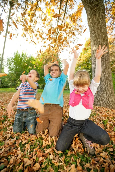 Três crianças felizes e sorridentes jogando folhas no parque — Fotografia de Stock
