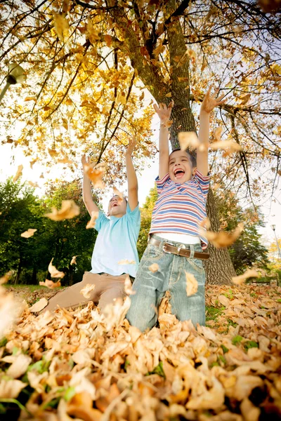 Barn kasta löv i park — Stockfoto