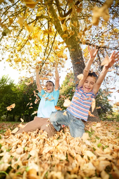 Bambini che lanciano foglie nel parco — Foto Stock