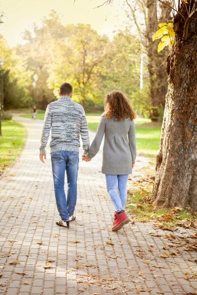 Jeune couple dans les bois automnaux — Photo