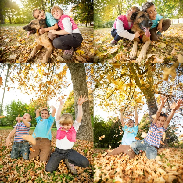 Collage av små barn i parken, våren, hösten koncept — Stockfoto