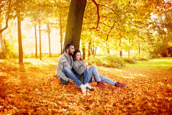 Coppia felice innamorata nel parco autunnale — Foto Stock