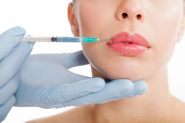 Close up botox tiro nos lábios femininos — Fotografia de Stock